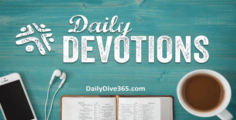 A flat lay image features an open book on a wooden turquoise table beside a cup of coffee and a smartphone with earbuds. The text "Daily Devotions" appears above "DailyDive365.com,” seamlessly integrating the essence of popular Daily Devotional Apps into your routine.