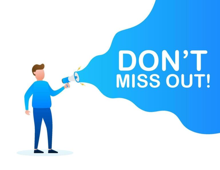 Illustration of a person holding a megaphone, with the words "DON'T MISS OUT!" emitted as sound waves, echoing like a church bell. The background is a gradient of blue and white, blending seamlessly. The person is wearing a blue shirt and pants.