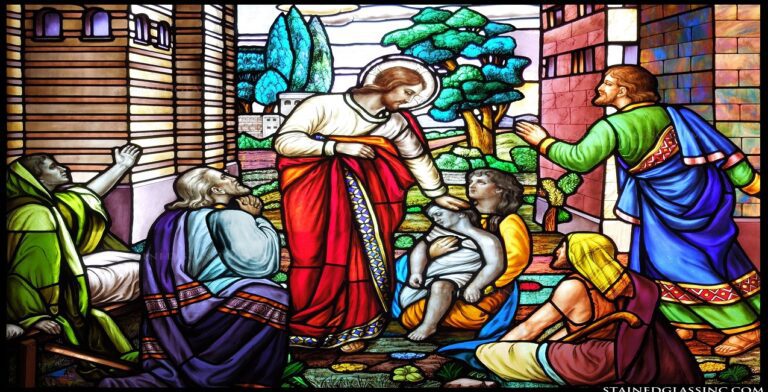 A vibrant stained glass window in a digital ministry setting depicts a bearded man in a white robe with a red cloak, gently lifting a child surrounded by onlookers. The background features trees and buildings, conveying compassion and aid. This inspiring image has the potential to go viral.