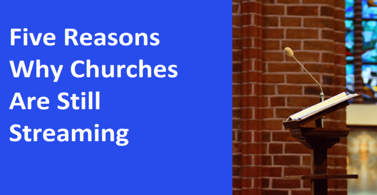 A church lectern with a microphone and open book stands against a stained glass window. To the left, white text on a blue background reads, "Five Reasons Why Streaming Remains Vital for Churches.