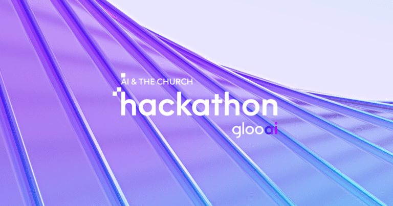 A digital banner with a purple and blue gradient background showcases the text, "AI & the Church Hackathon, gloo ai." The words "Hacking for Faith" elegantly float over stylized, curved lines, inviting innovation in modern ministry.