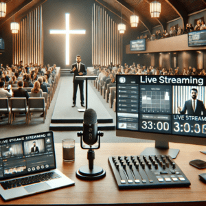 A modern church live stream is underway. In the foreground, a laptop, microphone, and mixer create a bulletproof setup on a desk. In the background, a speaker stands at a podium in a church filled with seated attendees as a large cross is illuminated.