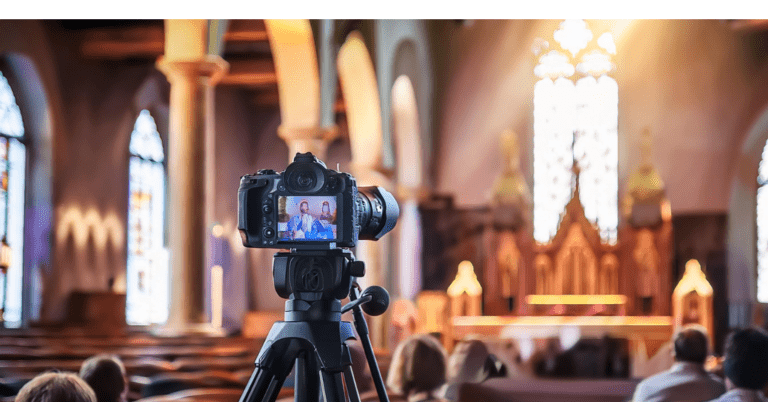 A camera on a tripod captures a live stream of a religious service in the church. Stained glass windows and people seated in pews are visible, with an altar illuminated by sunlight in the background.