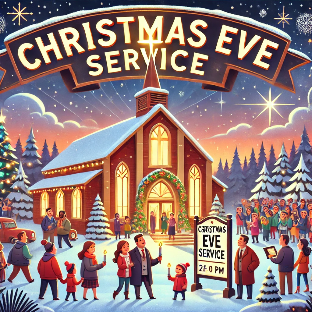 Illustration of a festive Christmas Eve service outside a church. A crowd gathers with candles in snowy serenity, showcasing the warmth and magic that reflect effective marketing ideas. The church is warmly lit, surrounded by decorated trees under a starry sky, with a sign for the 2:00 PM service.