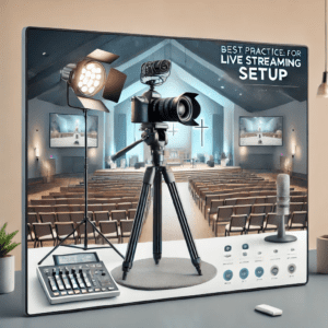 A poster titled "Best Practice for Live Streaming Setup" highlights streaming tips with a camera on a tripod, microphone, lighting, and a mixing console. The background features an empty auditorium with screens and a stage, ready to let your stream shine.