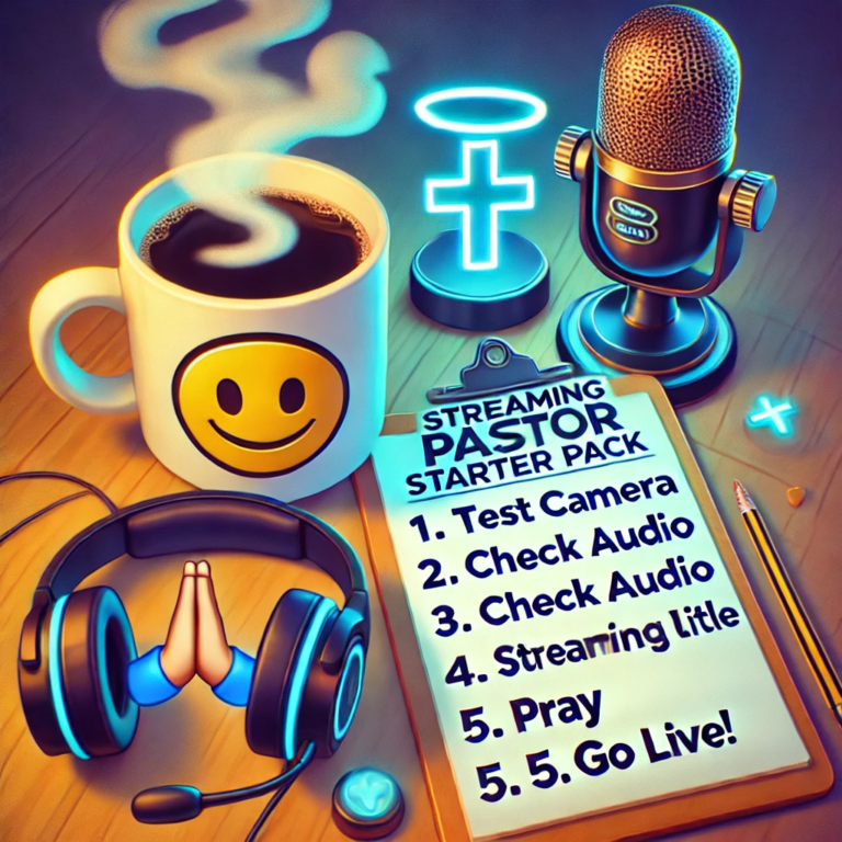 A steaming coffee mug with a smiley face, a glowing cross, and a microphone sit beside a headset adorned with praying hands emoji on the wooden table. The clipboard labeled "Streaming Pastor Starter Pack" features a checklist of tasks for streaming preparation.