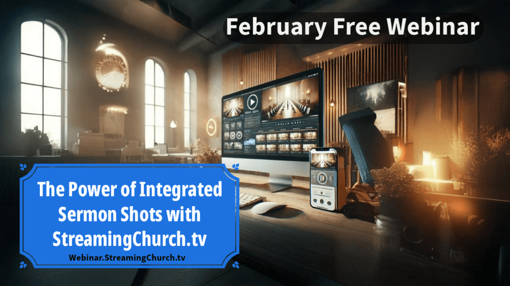 A cozy office space features a computer displaying streaming software. Text reads, "February Free Webinar: Discover the Power of Integrated Sermon Shots with StreamingChurch.tv.