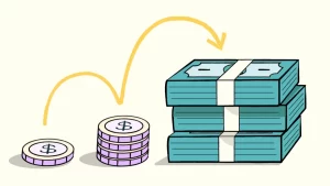 Illustration of a small stack of coins with a dollar sign next to a larger stack of cash, connected by a yellow arrow curving from the coins to the money, symbolizing Christian finance and faith-based financial empowerment.