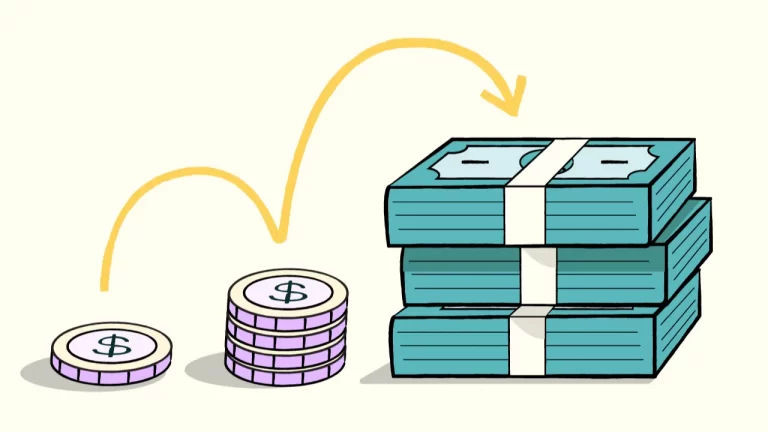 Illustration of a small stack of coins with a dollar sign next to a larger stack of cash, connected by a yellow arrow curving from the coins to the money, symbolizing Christian finance and faith-based financial empowerment.