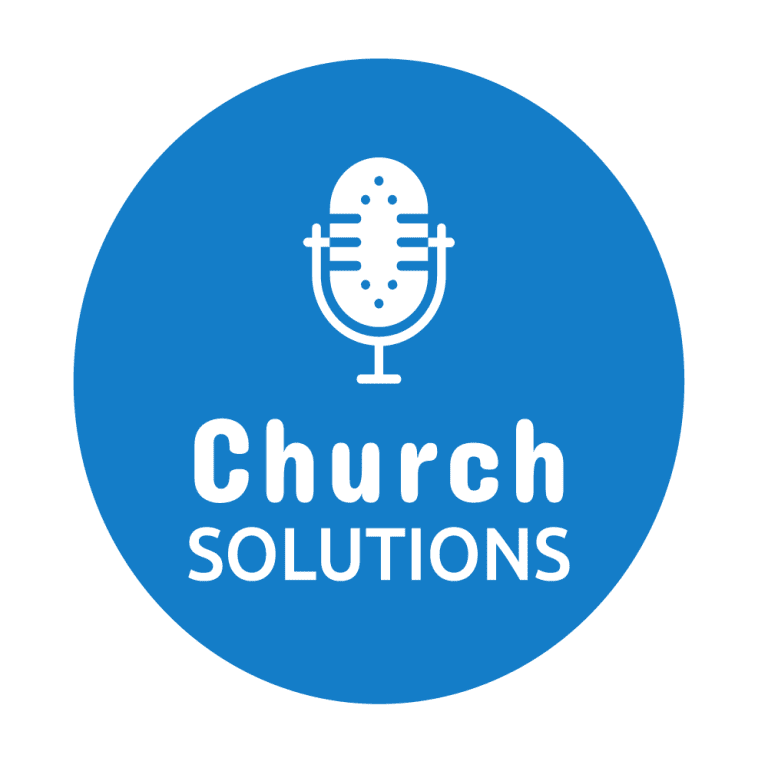 Church Solutions Podcast - White vintage microphone icon above the words "Church Solutions" in bold white text, all within a solid blue circular background—perfect for church video branding or to help expand reach.