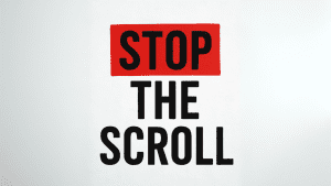 Bold black text on a white background reads “STOP THE SCROLL,” with the word “STOP” inside a red rectangle at the top—perfect for grabbing attention in Facebook stream embedding or YouTube stream embedding.