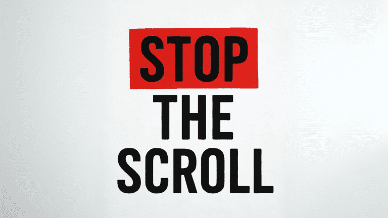 Bold black text on a white background reads “STOP THE SCROLL,” with the word “STOP” inside a red rectangle at the top—perfect for grabbing attention in Facebook stream embedding or YouTube stream embedding.